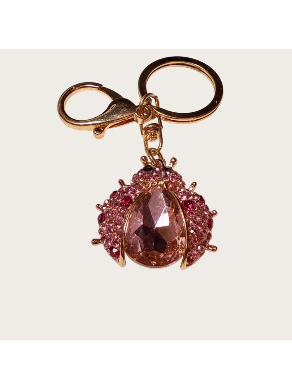 Pink Rhinestone Ladybug Keychain Keyring Bag Clip Gold-Tone